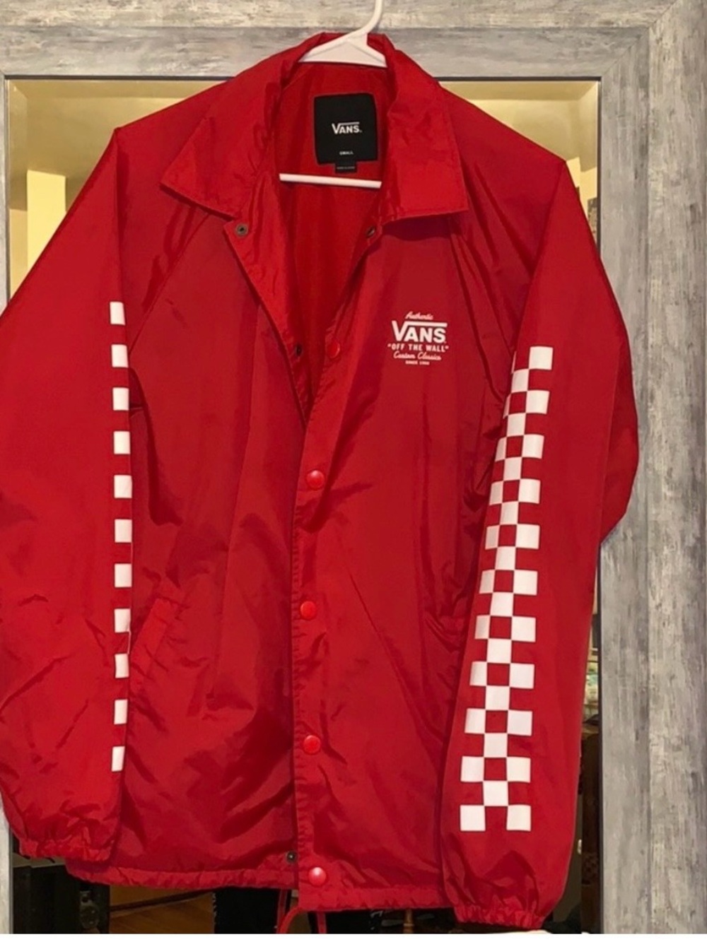 Vans Red Windbreaker Jacket with White Checkerboard Sleeves